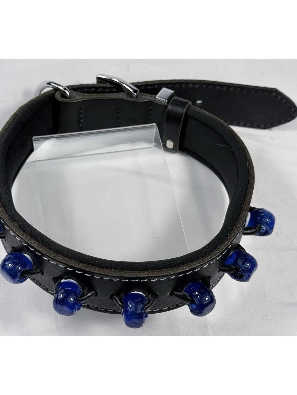 Leather Dog Collar Top Quality Padded Neck W/ Blue White Round Beaded Look